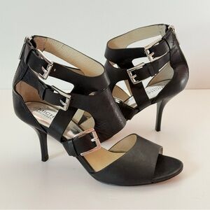 Michael Kors Lucinda Black Leather Zip Back Open Toe Heels Shoes Size 8M
